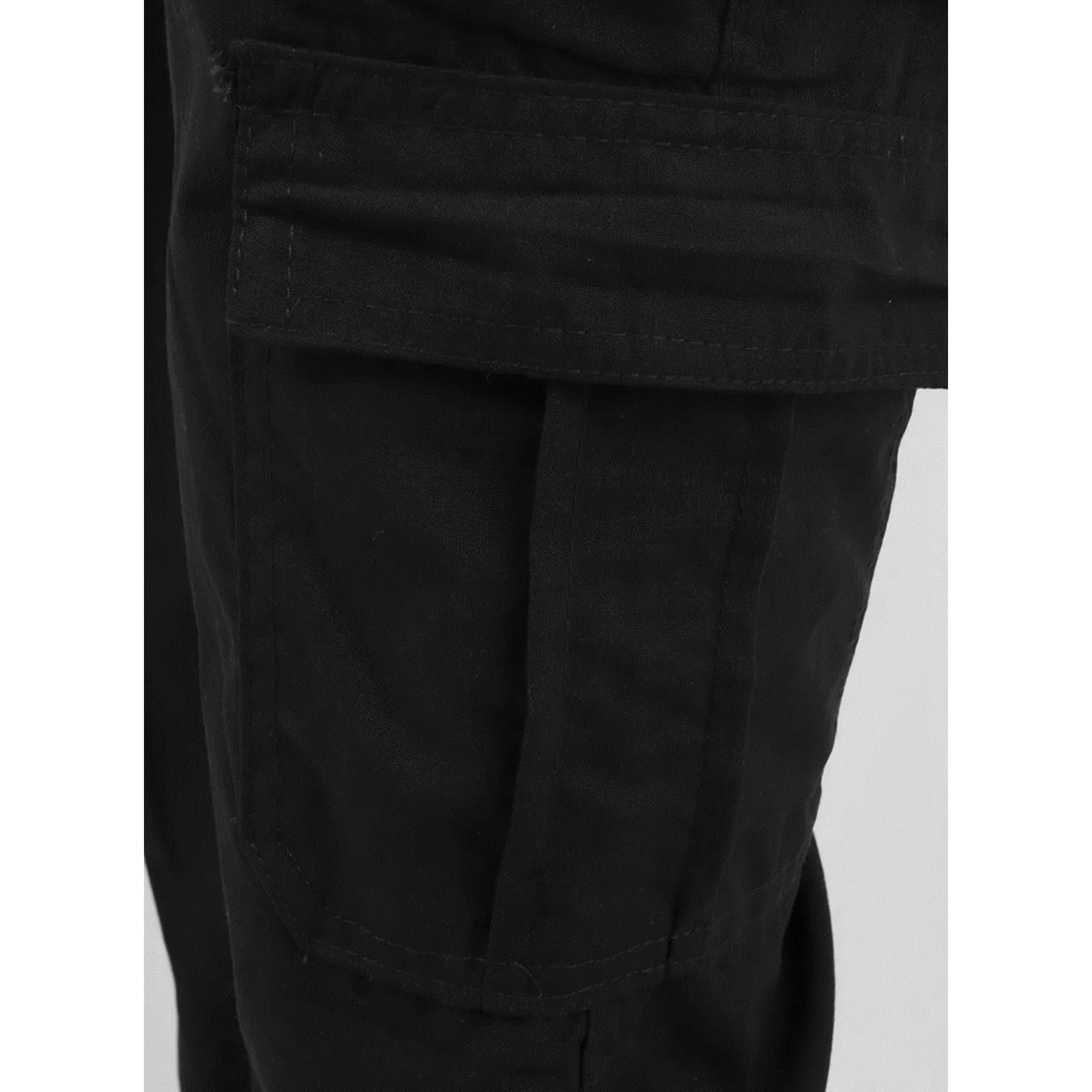 Men's black cargo utility trousers with side flap pockets, elasticated waistband, and belt loops – durable workwear or outdoor pants